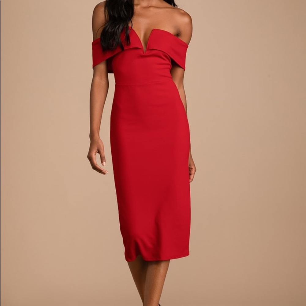 LuLus My Favorite Night Red Off-the-Shoulder Bodycon Midi Dress